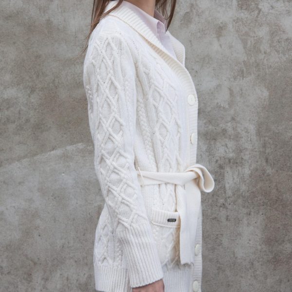 Lambswool cable knit women´s shawl collar cardigan Amalie off white