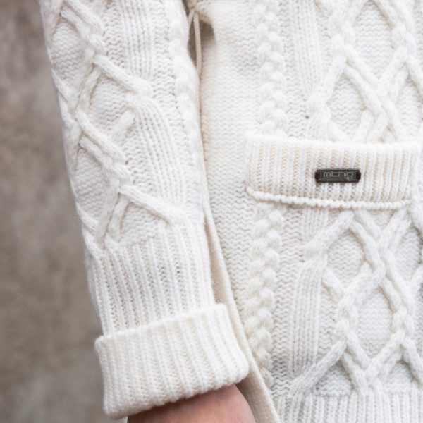 Lambswool cable knit women´s shawl collar cardigan Amalie off white