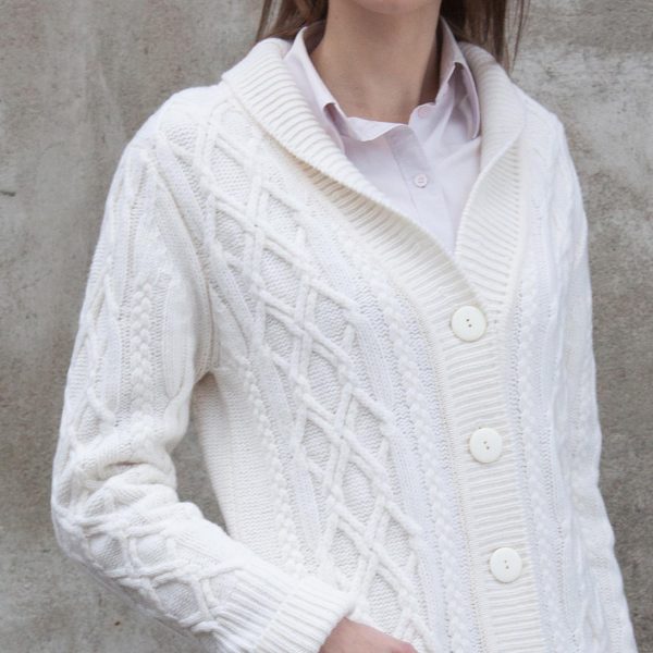 Lambswool cable knit women´s shawl collar cardigan Amalie off white