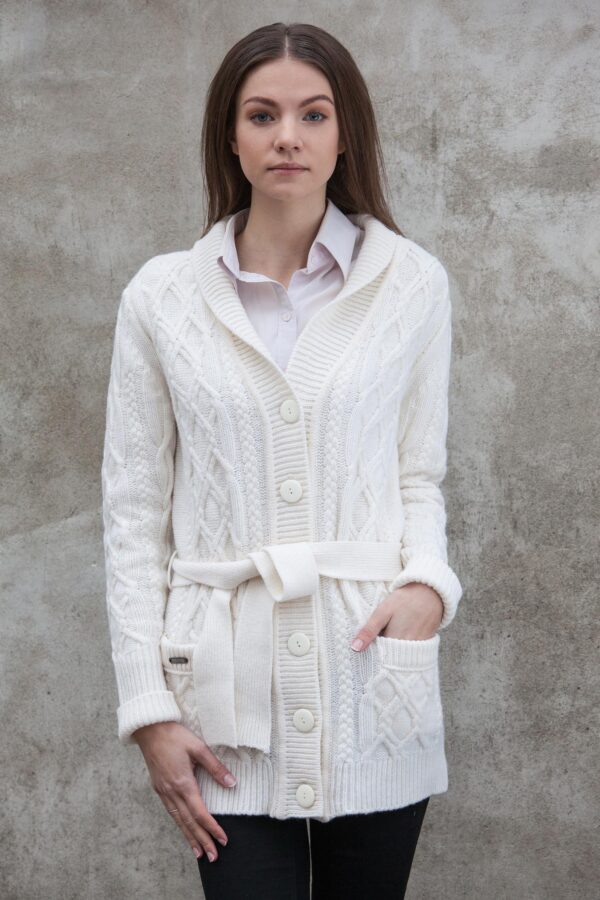 Lambswool cable knit women´s shawl collar cardigan Amalie off white