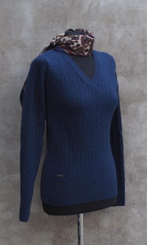 Cable knit lambswool women´s V-neck sweater ELLIE V navy melange