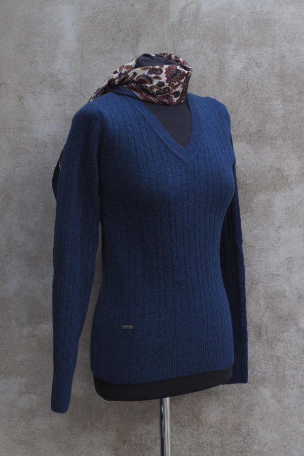 Cable knit lambswool women´s V-neck sweater ELLIE V navy melange