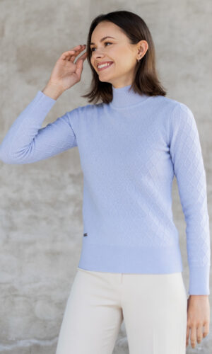 MITHIO Diagonal rhomb knit merinowool women´s polo sweater Polo W Light Blue